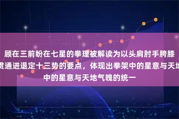顾在三前盼在七星的拳理被解读为以头肩肘手胯膝脚七星部位贯通进退定十三势的要点，体现出拳架中的星意与天地气魄的统一